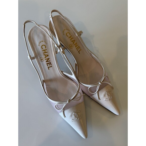 Chanel Iconic "CC" Light Pink Toe Cap Bow Mesh Slingback Heels Italy Size 39 - Picture 4 of 10